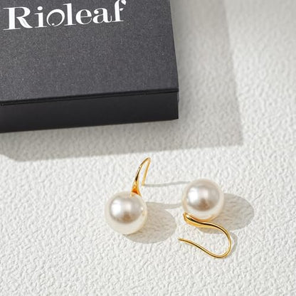Pearl Drop Earrings for Women | S925 Sterling Silver-plated Hook Dangle Earrings, Lightweight Hypoallergenic Classic Round Pearl Jewelry Gift - color: Gold Hook-White Pearl, size: 10mm