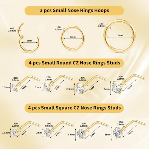20g Nose Rings Studs and 18g Nose Rings Hoops for Women Men: Hypoallergenic Surgical Stainless Steel Threadless Corkscrew/L Shape/Straight Nose Studs Round Square Simulated Diamond CZ 1.5/2/2.5/3mm Nose Bone Studs Hinged Clicker Segment Nose Hoops Septum