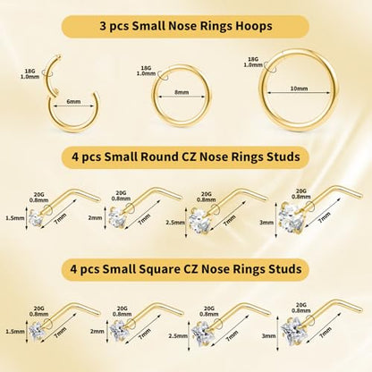 20g Nose Rings Studs and 18g Nose Rings Hoops for Women Men: Hypoallergenic Surgical Stainless Steel Threadless Corkscrew/L Shape/Straight Nose Studs Round Square Simulated Diamond CZ 1.5/2/2.5/3mm Nose Bone Studs Hinged Clicker Segment Nose Hoops Septum