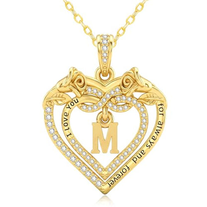 14K Gold Initial Letter Rose Heart Pendant Necklace for Women, Anniversary Birthday Jewelry Gifts for Wife Mom Grandma Sister Daughter, I Love You for Always And Forever - style: 14K Gold-M