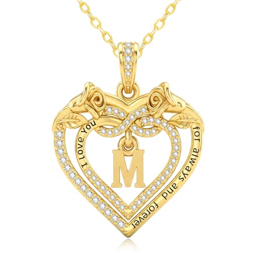 14K Gold Initial Letter Rose Heart Pendant Necklace for Women, Anniversary Birthday Jewelry Gifts for Wife Mom Grandma Sister Daughter, I Love You for Always And Forever - style: 14K Gold-M