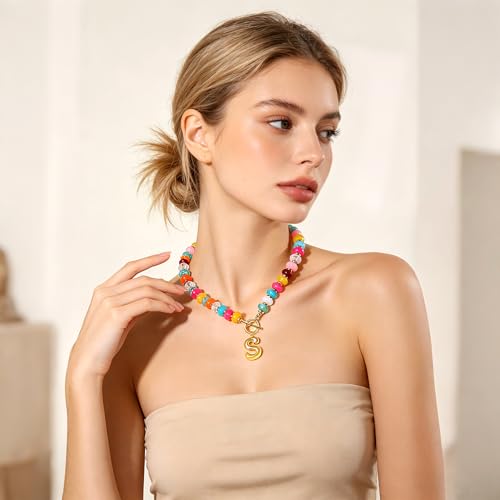 NIKOLUX Colorful Initial Necklaces for Women Chunky Resin Beaded Toggle Necklace 14K Gold Plated A-Z Bubble Letter Pendant Necklace Trendy Summer Beach Handmade Jewelry Gift - color: Colorful-S
