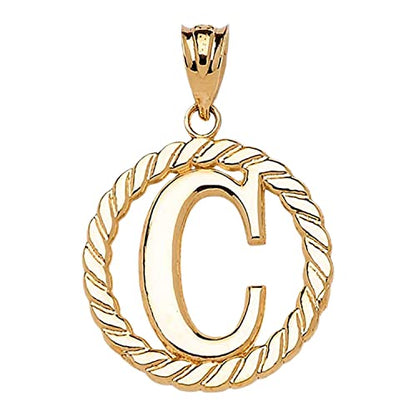 Polished 10k Yellow Gold Personalized Initial "A-Z" Roped Circle Charm Pendant - style: C