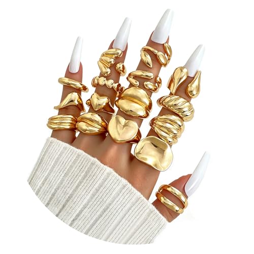 31 Pcs Chunky Gold Rings Fashion Stackable Rings for Women Statement Womens Rings Set Knuckle Band Ring Jewelry Gifts - style: Golden 16 pcs
