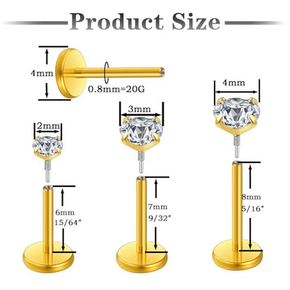 Gotumo 20G 18G 16G Flat Back Earrings Stud Nose Ring Titanium Internal Thread Tragus Labret Cartilage Lip Medusa Conch Body Piercing Jewelry Nose Stud Hypoallergenic for Women Men - color: Gold, size: 20G Bar-6/7/8mm & CZ-2/3/4mm