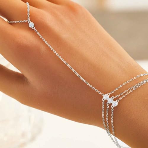 925 Sterling Silver Hand Chain Bracelet for Women | 14k Gold Plated CZ Crystal Heart Starburst Ring Bracelets Hand Chain Diamond Layered Stackable Link Chain Beach Jewelry Gifts - color: Silver