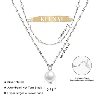 Gold Pearl Necklace For Women - 14K Gold Plated Layered Herringbone Chain Pearl Necklace, Trendy Simple Gold Jewelry Gift - color: Layered Satellite Pearl-Silver
