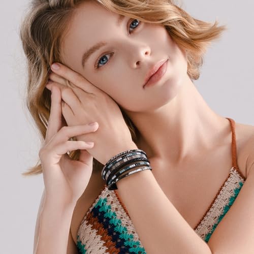 Boho Layered Leather Wrap Bracelets Chunky Western Country Hippie Jewelry | Stackable Bohemian Cowgirl Magnetic Clasp Cuff Bangle Set Fashion Stack Statement Festival Trendy Jewelry Gifts for Women - color: Black