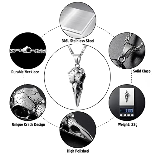 Skull Necklace for Men Stainless Steel Gothic Punk Emo Biker Necklace Jewelry for Men 60cm - style: Raven Skull