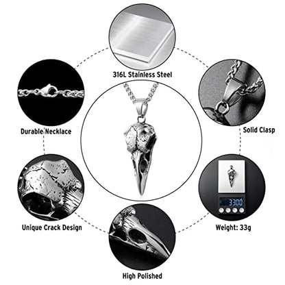 Skull Necklace for Men Stainless Steel Gothic Punk Emo Biker Necklace Jewelry for Men 60cm - style: Raven Skull