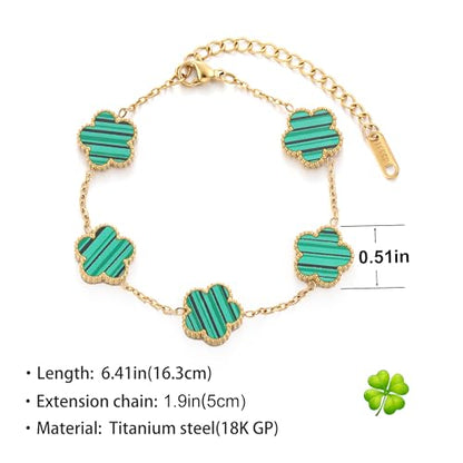 TICVSS Four Leaf Clover Bracelet for Women 18K Gold Plated Stainless Steel Lucky 4 Leaf Gold Link Bracelet Jewelry Gift for Women - color: Green