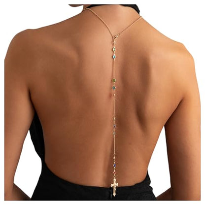 Gold Cross Back Necklace for Women, Dainty Colorful Crystal Y-Shaped Backdrop Chain, Open Back Dress Body Chain Jewelry for Wedding Prom Party