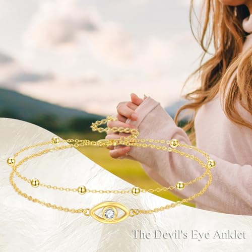 POPLYKE 925 Sterling Silver Double Layered Chain Evil Eye Daisy Sunflower Butterfly Anklets for Women Holiday Beach Crystal Ankle Bracelet Dainty Evil Eye Jewelry - style: Gold plated Evil Eye Anklet