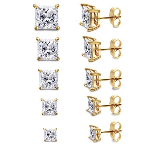 6 Pairs Cubic Zirconia Stud Earrings for Women/Men - Round Cut 4 Prong Settings 18K Gold Plated Hypoallergenic 3-8mm Clear Earrings Set - color: 3-7mm Gold - Square 4 Prong