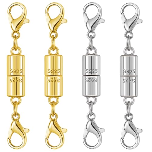 Magnetic Jewelry Clasps, 925 Sterling Silver, Strong Magnetic Closures for Necklaces and Bracelets (4pcs Golden Silvery) - color: 4pcs golden silvery