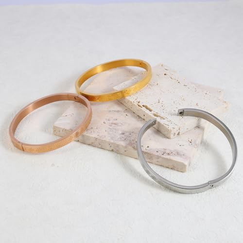 4/6/8MM Greek Key Meander Bracelet Oval Stainless Steel Bangle Cuff Gifts for Women Men - color: Rose Gold, size: 6mm