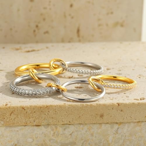 Gold Stackable Rings for Women Non Tarnish, 18k Gold Plated Cubic Zirconia Rings, Exquisite Silver Gold Multi Ring Mixed Metals Stack Jewelry Set Size 6-10 - color: 4PCS, size: 8
