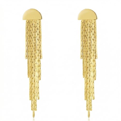 Gold Fringe Earrings for Women - Lightweight Statement Dangle Earrings with Stainless Steel Post, High Polish Long Tassel Drop Jewelry for Prom Wedding - color: Gold-streamlined