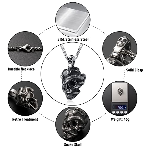 Skull Necklace for Men Stainless Steel Gothic Punk Emo Biker Necklace Jewelry for Men 60cm - style: Snake Skull