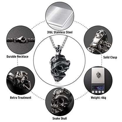 Skull Necklace for Men Stainless Steel Gothic Punk Emo Biker Necklace Jewelry for Men 60cm - style: Snake Skull
