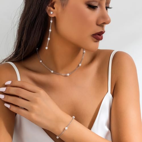 CSIYANJRY99 Pearl Necklace and Earring Set Faux Pearl Jewelry Sets for Women Imitation Beaded Pearl Necklace Bracelet Stud Earrings for Women - color: Silver Pearl Set