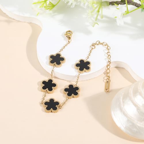 TICVSS Four Leaf Clover Bracelet for Women 18K Gold Plated Stainless Steel Lucky 4 Leaf Gold Link Bracelet Jewelry Gift for Women - color: White+Black