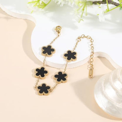 TICVSS Four Leaf Clover Bracelet for Women 18K Gold Plated Stainless Steel Lucky 4 Leaf Gold Link Bracelet Jewelry Gift for Women - color: White+Black