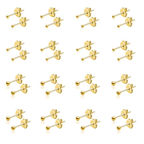15 Pairs Surgical Steel Ball Stud Earrings Set | Fadeless, PVD Plating, Stainless Steel, Fadeless, Waterproof, High Polish, Hypoallergenic - color: Gold 16Pairs (2mm 3mm )