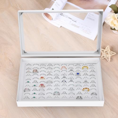 KUKUVR 100 Slots Ring Earring Holder Display Case (White) | Velvet, Clear Lid, Ring Earring Storage Organizer Box Tray, for Women and Selling Show - color: White