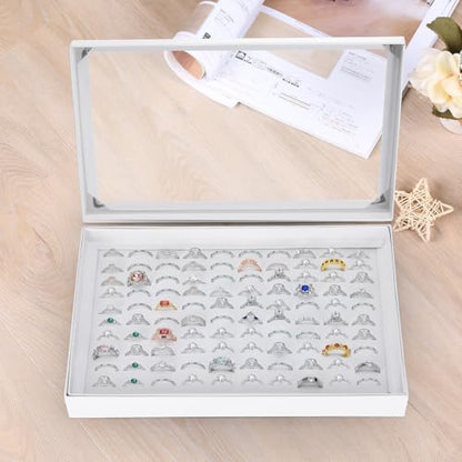 KUKUVR 100 Slots Ring Earring Holder Display Case (White) | Velvet, Clear Lid, Ring Earring Storage Organizer Box Tray, for Women and Selling Show - color: White