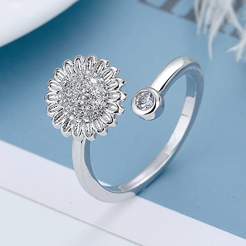 COLORFUL BLING Fidget Sunflower Evil Eye Daisy Spinner Stackable Rings Bee Butterfly Adjustable Open Rotatable CZ Cubic Zirconia Anti Stress for Women Wedding Jewelry - style: CZ Daisy
