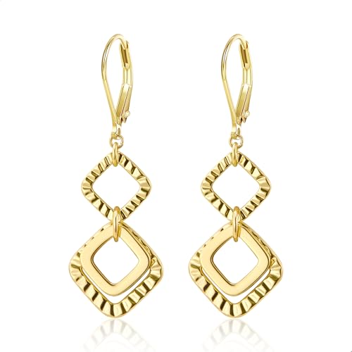 ALEXCRAFT Gold Hammered Double Circle Leverback Dangle Earrings | Hypoallergenic, Drop Handmade, Hammered Round, Minimalist Boho - color: B-14k Gold