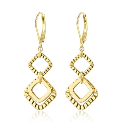 ALEXCRAFT Gold Hammered Double Circle Leverback Dangle Earrings | Hypoallergenic, Drop Handmade, Hammered Round, Minimalist Boho - color: B-14k Gold