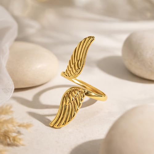 AeraVida Gold-Plated Stainless Steel Feather Angel Wings Adjustable Ring Size 7-9, Minimalist Open Band Ring, Polished Fashion Jewelry, Symbolic Everyday Ring for Women