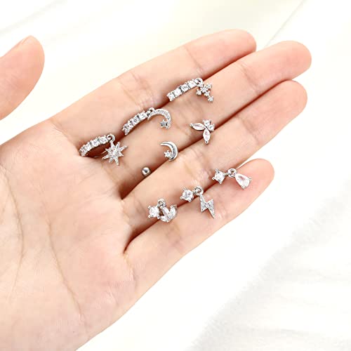 18 Pcs Dangle Nose Ring L Shaped Dangling Nose Stud Nose Ring Hoop Indian Nose Piercing Jewelry with Charm - color: Silver