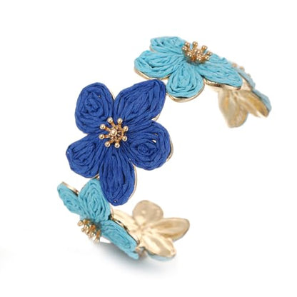 RUOFFETA Raffia Flower Cuff Bracelet for Women, Floral Chunky Bangle Wide Open Cuff Statement Bracelet - color: Blue Ombre