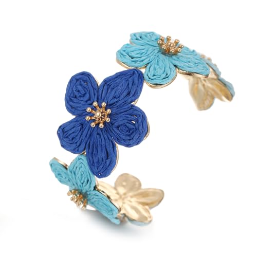 RUOFFETA Raffia Flower Cuff Bracelet for Women, Floral Chunky Bangle Wide Open Cuff Statement Bracelet - color: Blue Ombre
