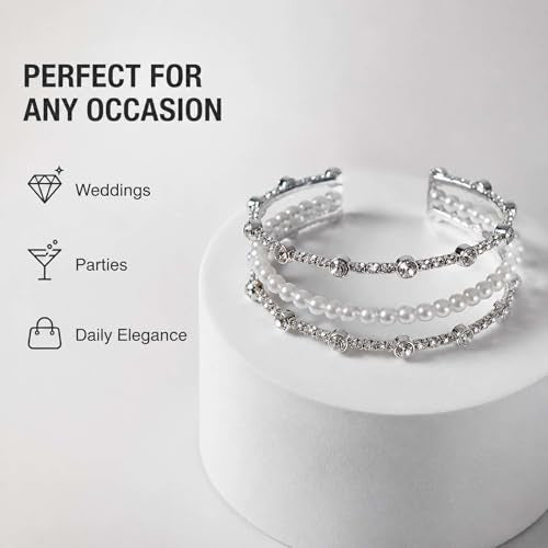 Triple-Row Open Cuff Bracelet for Women with Faux Pearl Center and Crystal-Set Metal Bands, Adjustable Bangle for Wedding and Daily Wear - color: SL-1325 Gold