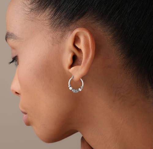 LeCalla 925 Sterling Silver Oxidized Balinese Hoops Earring Jewelry Small Antique Bali Beaded Hoop Earrings for Women - color: Bali Style Beaded