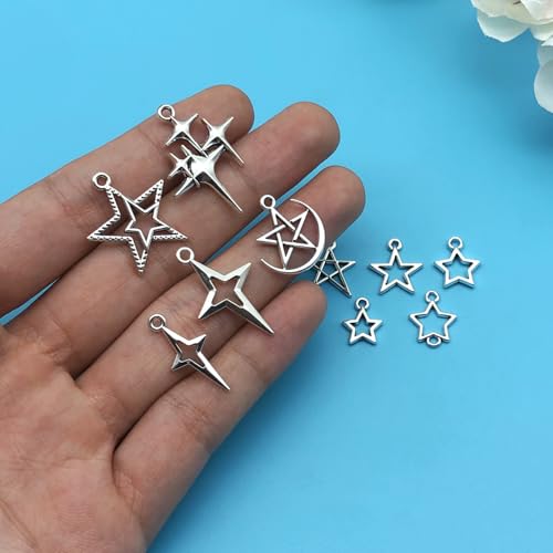 150pcs Alloy Ancient Silver Four Star Series Pendant Jewelry Making DIY Keychain Earrings Pendant Various Design Charms for Jewelry Making Bracelets Necklace (SN712) - color: SN712