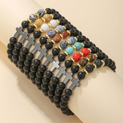 Beaded Bracelets Cross Bracelet for Women Men Lava Rock Turquoise Tiger Eye Natural Bracelet Anxiety Healing - color: 10 Pcs- black Hematite cross A