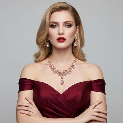 Hicarer Bridal Teardrop Cluster Crystal Jewelry Set for Women Necklace Earrings Wedding - color: Light Peach