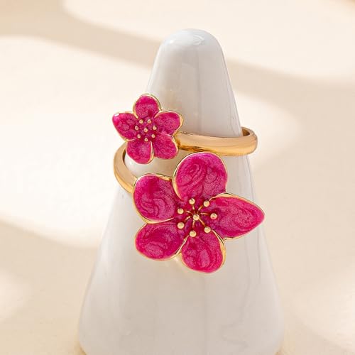 NewZenro Elegant Flower Enamel Adjustable Open Ring for Women Gold-Tone Plated Chic Cherry Blossoms Floral Statement Finger Wrap Band Rings Comfort Fit Wedding Party Prom Fashion Jewelry - color: Hot Pink