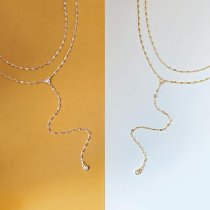 Airmb Lariat Silver/Gold Necklace for Women 925 Silver/14K Gold Plated Dainty Long Necklace Y-Shaped Drop Pendant Necklaces Choker Trendy Chain Simple Layered Necklaces CZ Jewelry for Women Set Gift