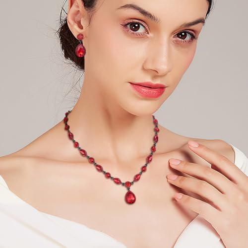 EleQueen Women's Teardrop Necklace Earrings Jewellery Set for Party Prom | Wedding Bridal Costume Jewelry Set for Brides Bridesmaids, Crystal Teardrop Necklace Dangle Earrings - color: Ruby Color Black-Tone