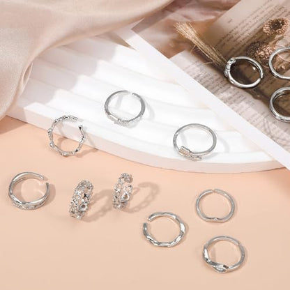 Ouligay 12PCS Toe Rings for Women Non Tarnish Silver Adjustable Toe Rings Set with Open Flower Toe Ring, Copper Crafted, Perfect Summer Beach Jewelry - color: Silver