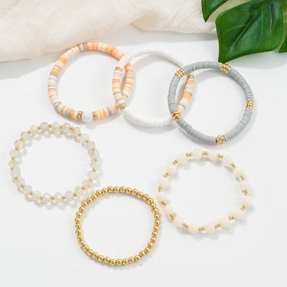 Boho Beaded Stretch Bracelets For Women Stackable Crystal Gold Plated Beaded Bracelets Set Trendy Handmade Friendship Braeclet Jewelry Gifts - color: F-XGrey 6pcs