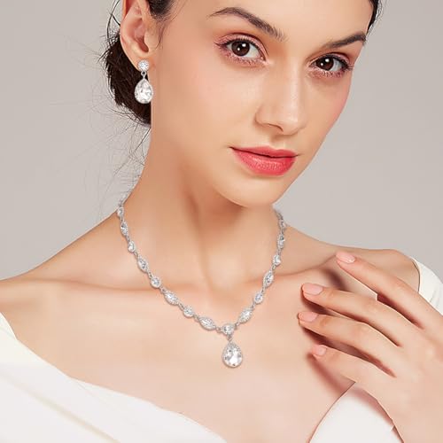 EleQueen Women's Teardrop Necklace Earrings Jewellery Set for Party Prom | Wedding Bridal Costume Jewelry Set for Brides Bridesmaids, Crystal Teardrop Necklace Dangle Earrings - color: Clear