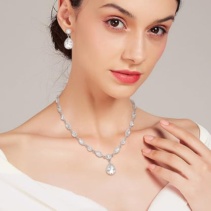 EleQueen Women's Teardrop Necklace Earrings Jewellery Set for Party Prom | Wedding Bridal Costume Jewelry Set for Brides Bridesmaids, Crystal Teardrop Necklace Dangle Earrings - color: Clear