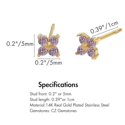 QueenBee 14K Gold Plated Ivy Flower Birthstone Stud Earrings for Women Dainty Floral Gemstone Studs Unique Jewelry Gift for Her - color: Oct-Pink Tourmaline